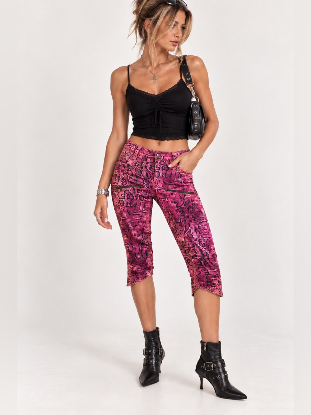 Om Booty Pink Snakeskin Ruched Capri Pants Y2K Moto Festival Size S